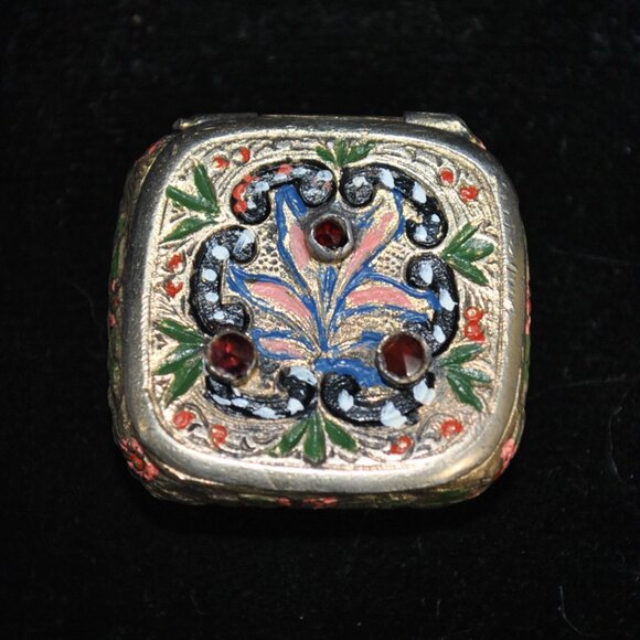 Antique/Vintage Painted Bejeweled Gilt 900 Silver Pill Box
